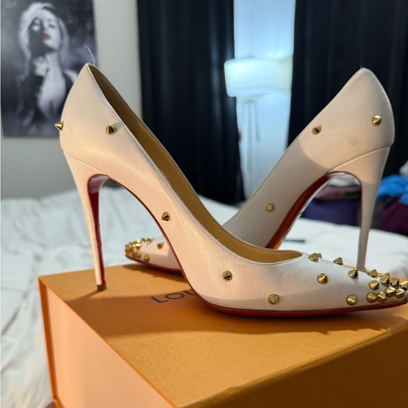Christian Louboutin Shoes - Christian Louboutin White Heels with Gold Studs